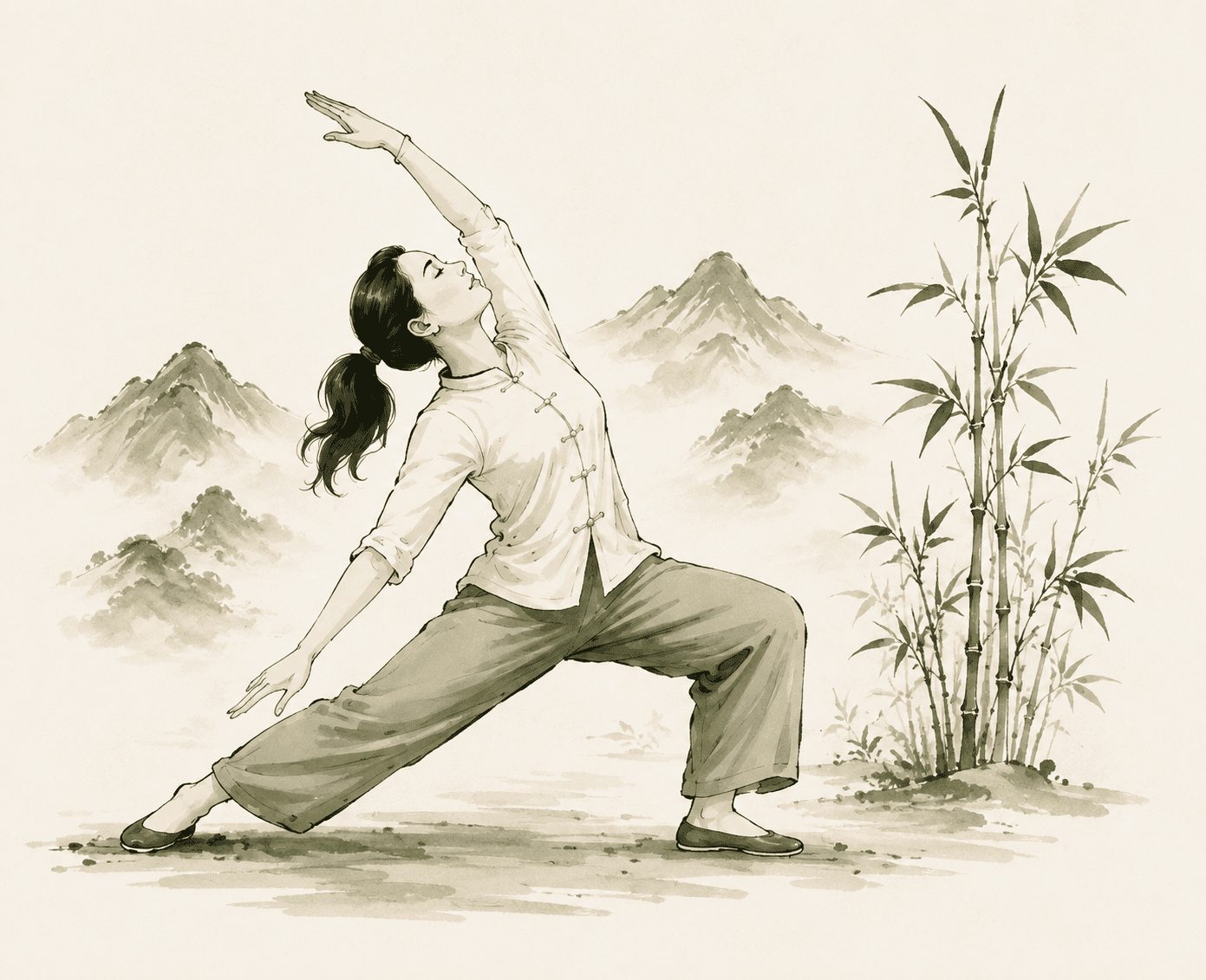 ChatGPT Image 29 août 2026, 13_50_33 Pratiquante de Qi Gong réalisant un mouvement d’assouplissement