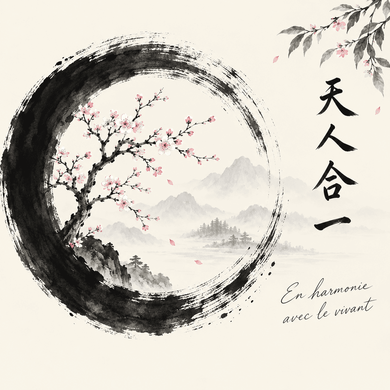 Illustration lavis à l'encre chinoise d'un cercle enso et d'un arbre en fleurs avec la calligraphie tian ren he yi, symbole d'harmonie dans la pratique du Qi Gong
