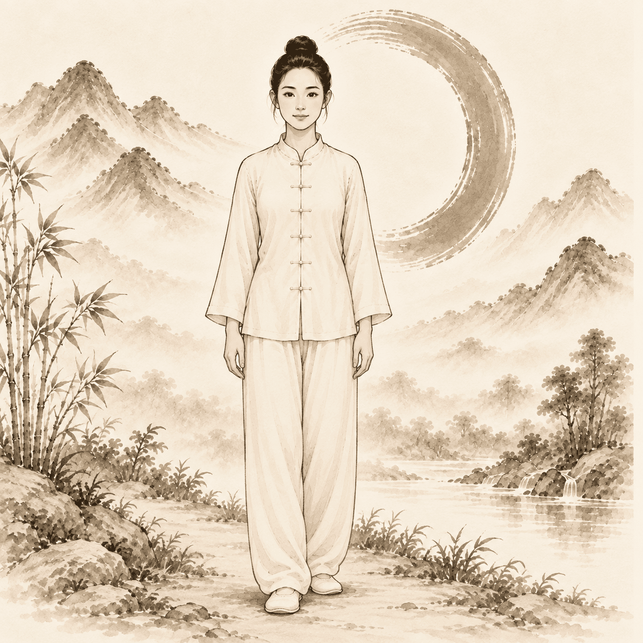 ChatGPT Image 24 sept. 2026, 20_19_04 Illustration à l'encre d'une pratiquante de Qi Gong debout, détendue, dans un paysage de montagnes
