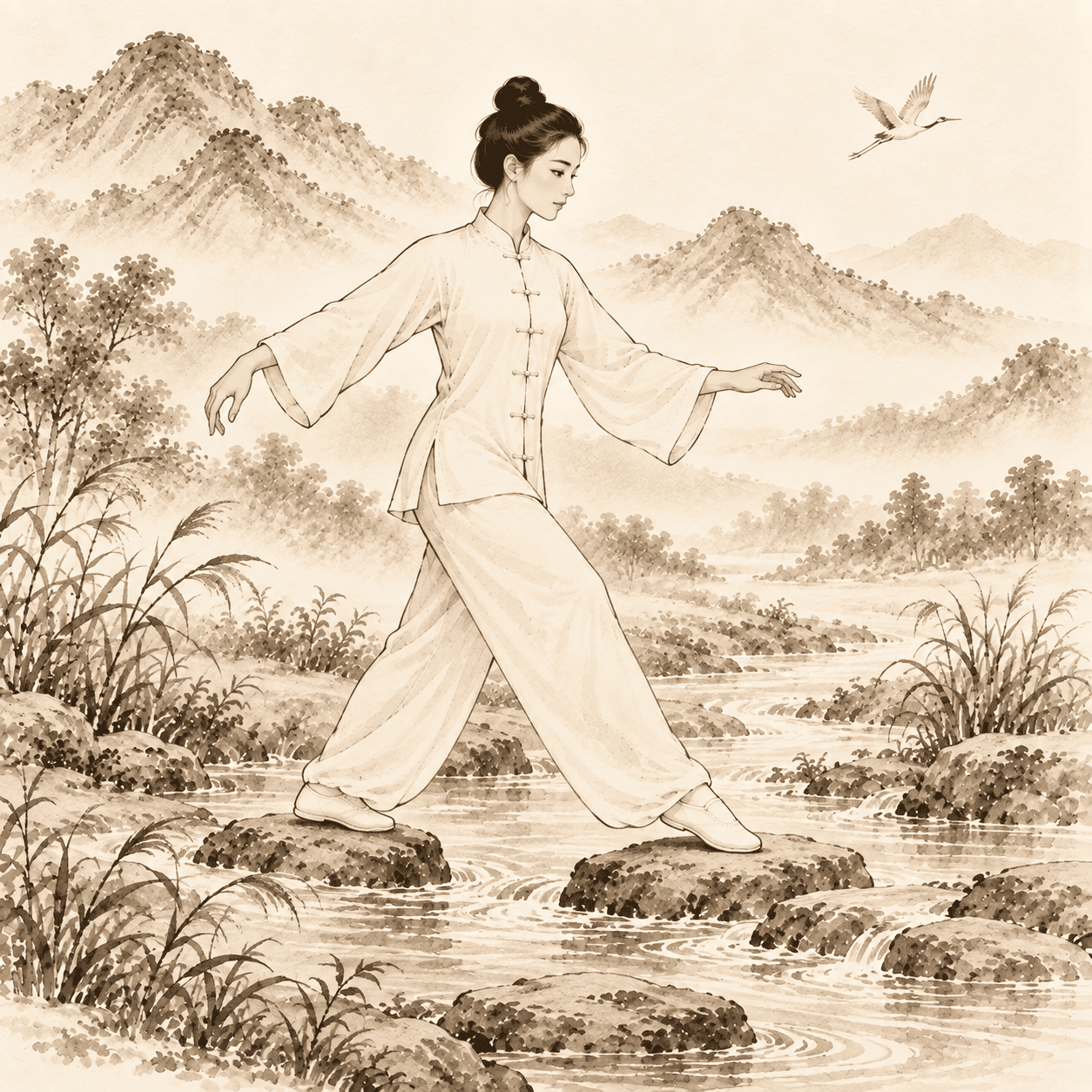 ChatGPT Image 24 sept. 2026, 20_24_58 Illustration à l'encre d'une pratiquante de Qi Gong traversant un ruisseau sur des pierres, en mouvement lent