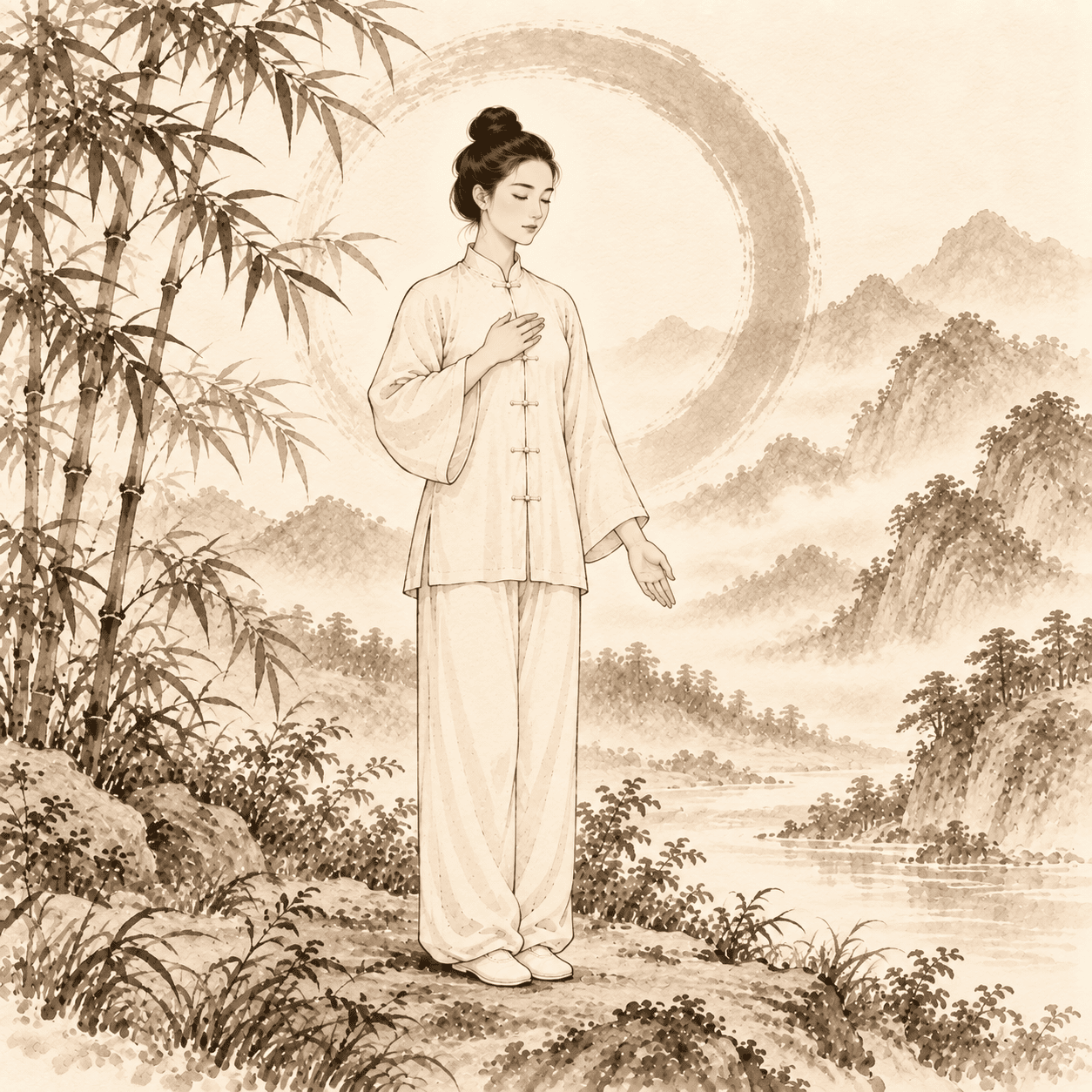 ChatGPT Image 24 sept. 2026, 20_27_23 Illustration à l'encre d'une pratiquante de Qi Gong, yeux fermés, une main posée sur le cœur