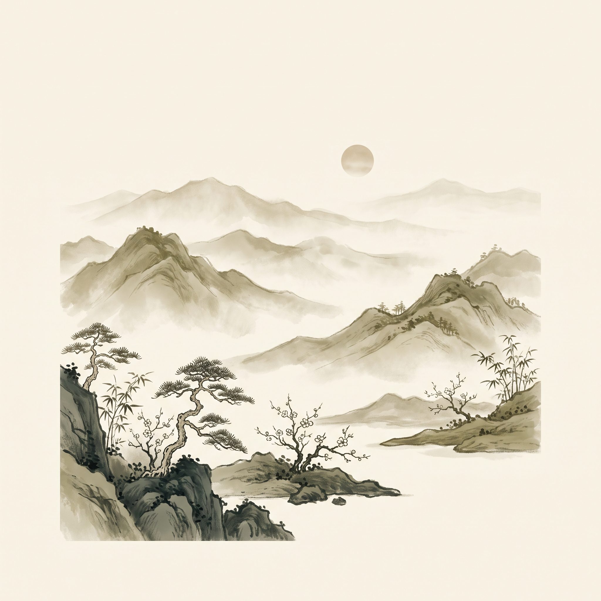 Illustration lavis à l'encre chinoise d'un paysage de montagnes brumeuses, symbole de l'élément Terre en Qi Gong