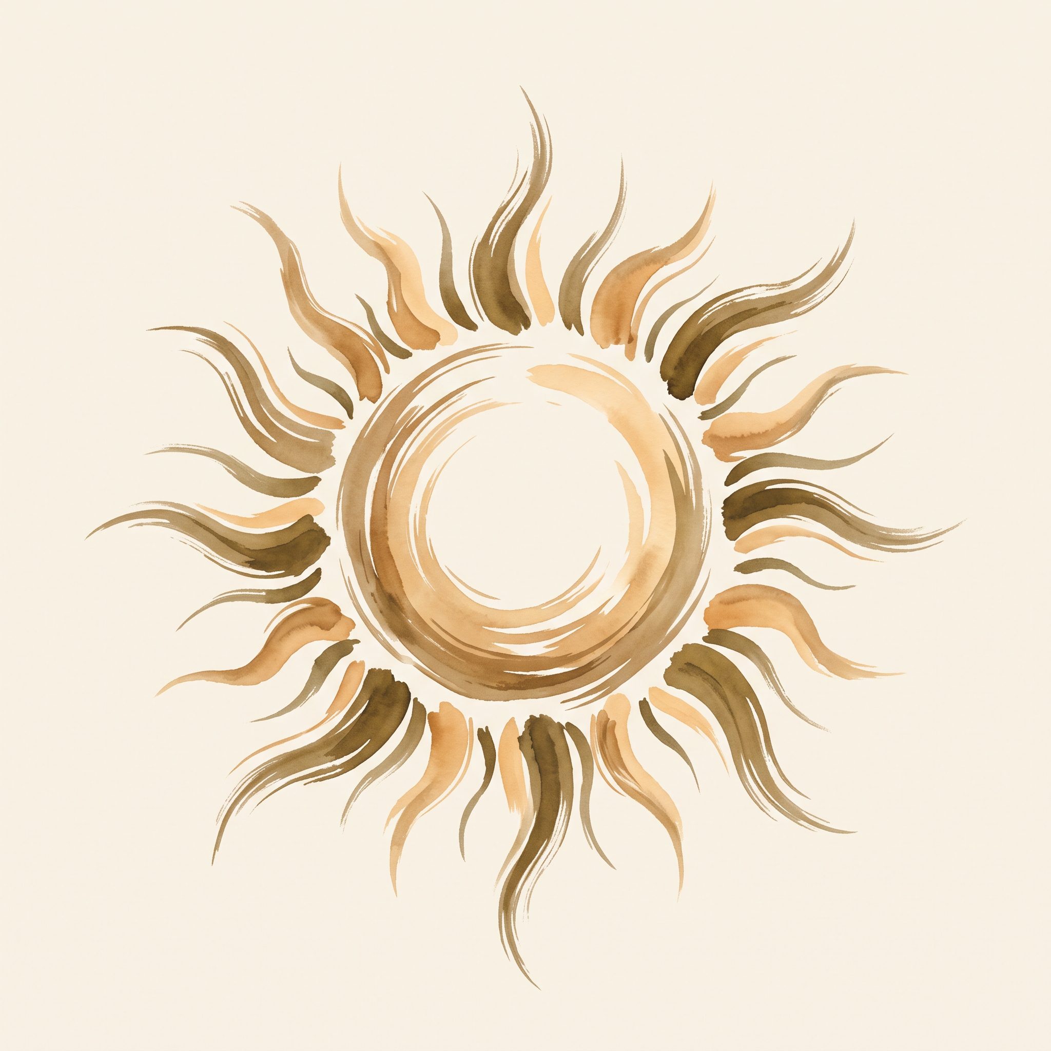 Illustration lavis à l'encre chinoise d'un soleil rayonnant, symbole de l'élément Feu en Qi Gong
