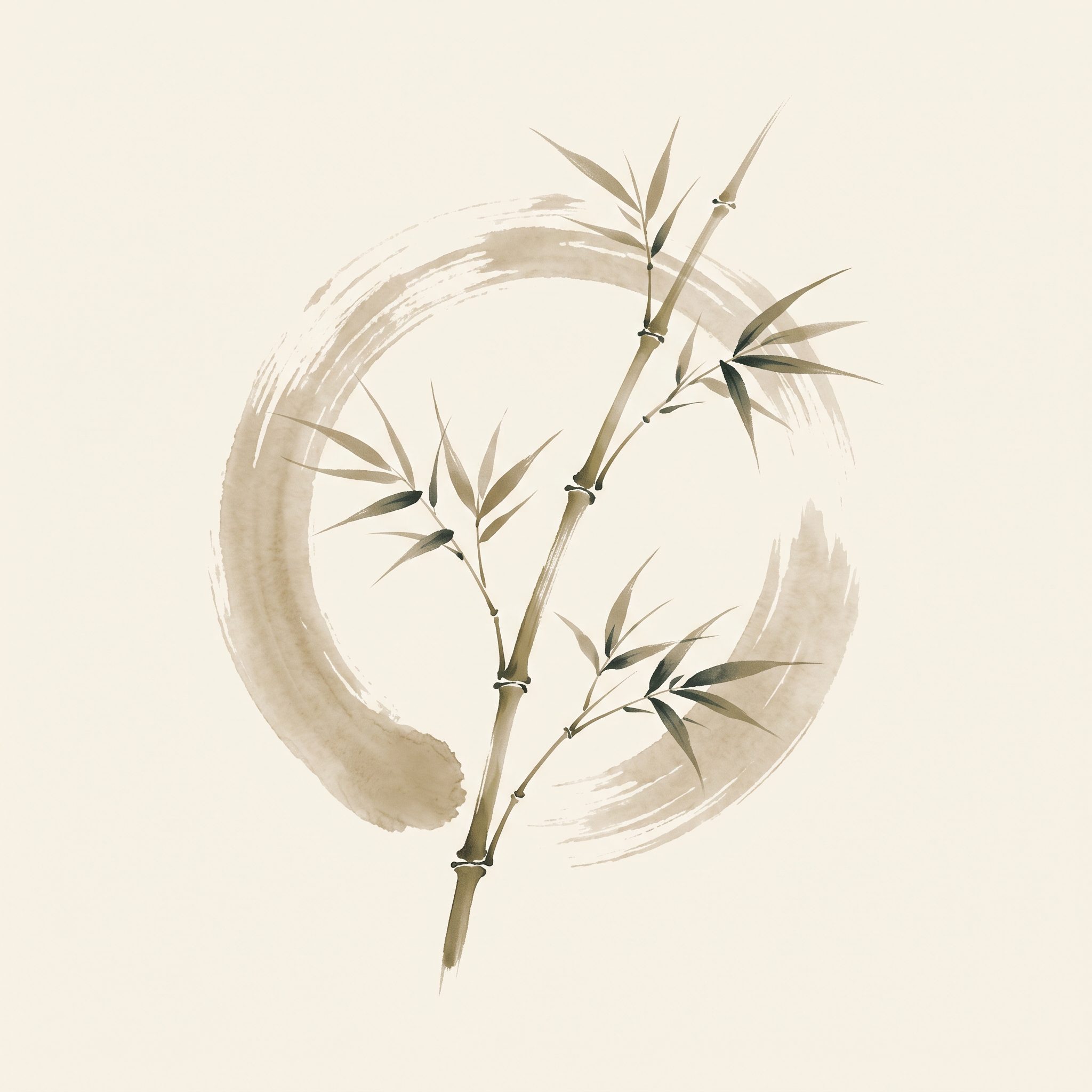 Illustration lavis à l'encre chinoise d'une branche de bambou dans un cercle enso, symbole de l'élément Bois en Qi Gong
