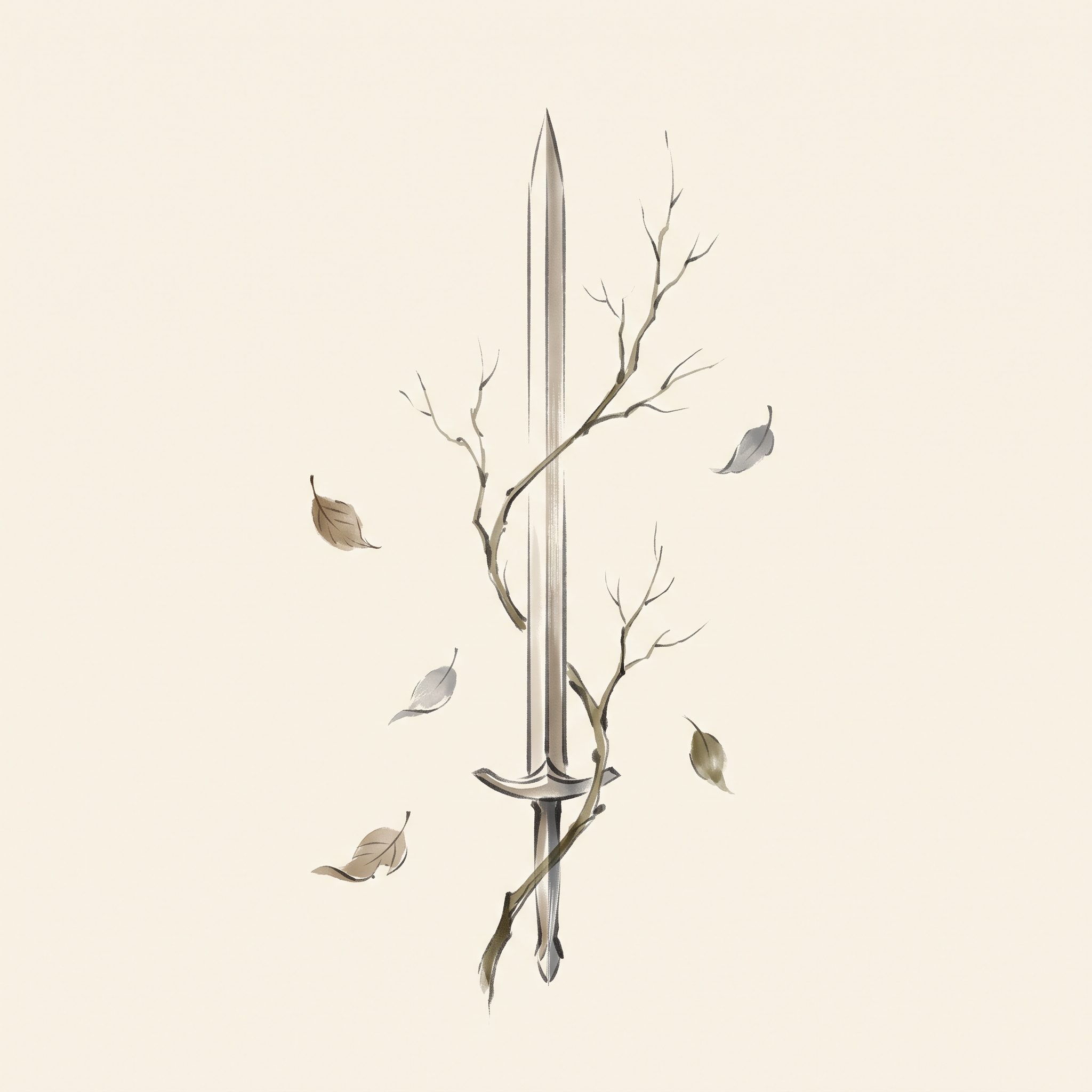 Illustration lavis à l'encre chinoise d'une lame et d'une branche dépouillée, symbole de l'élément Métal en Qi Gong