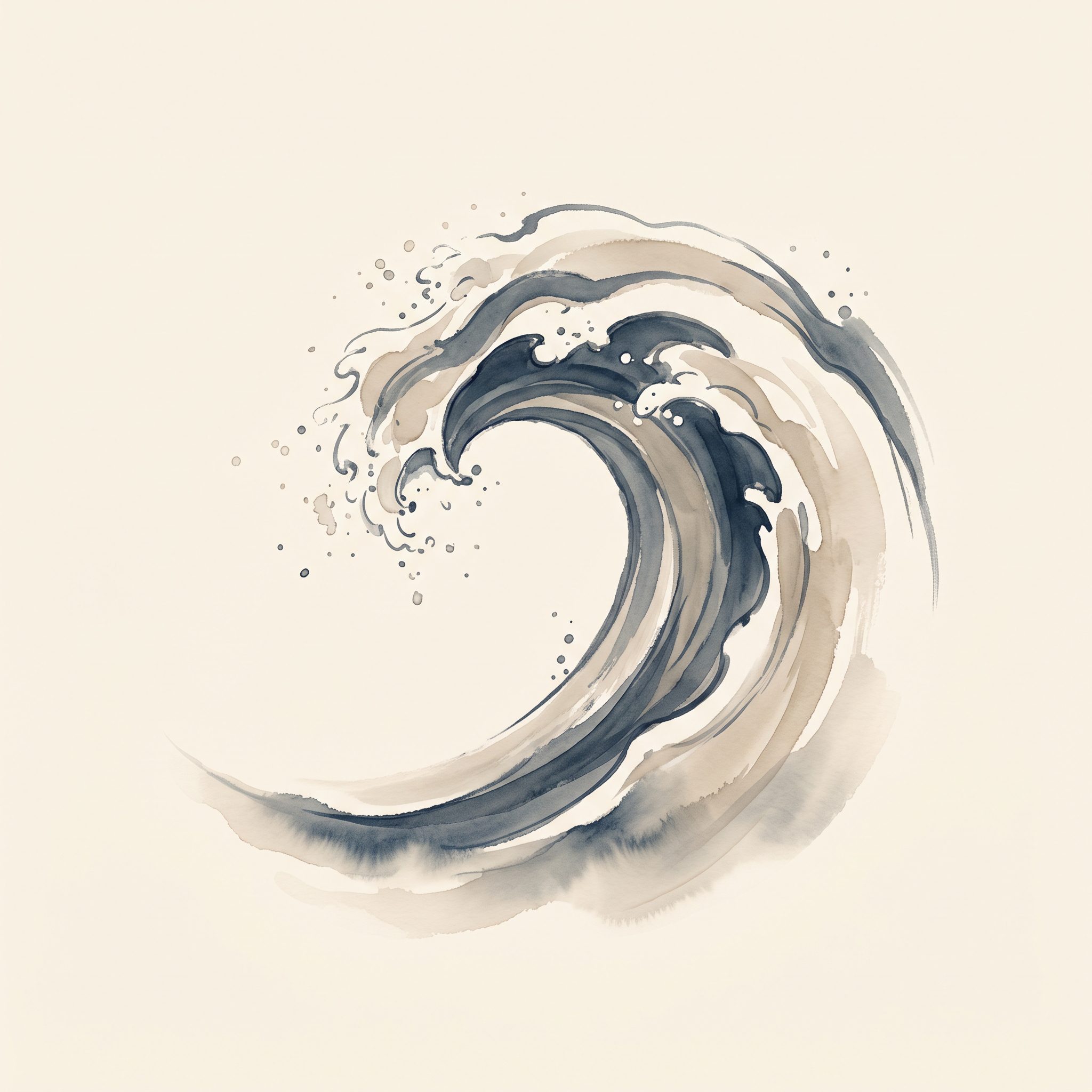 Illustration lavis à l'encre chinoise d'une vague déferlante, symbole de l'élément Eau en Qi Gong