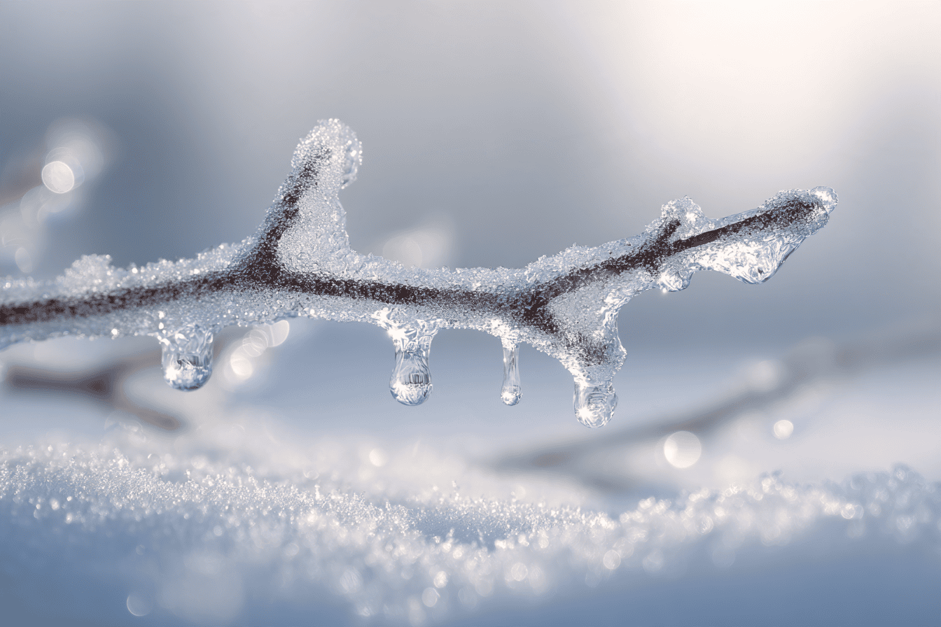 Branche prise dans la glace après une tempête de verglas, symbole de l'élément Eau en Qi Gong