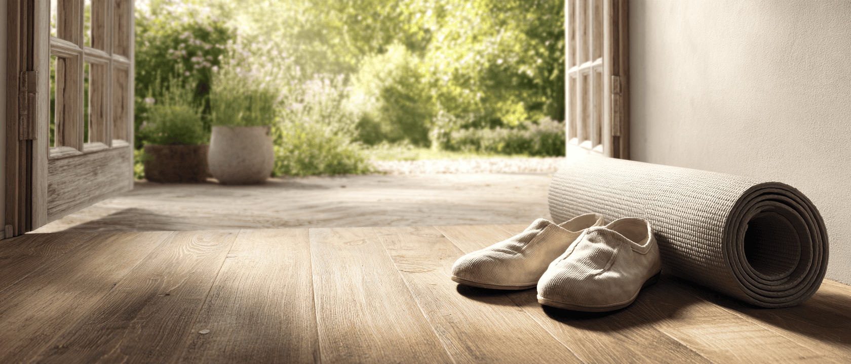 papiti91_Wide_panoramic_photograph_of_a_pair_of_soft_fabric_s_b460c614-9dae-4d0c-95ae-32bbe09bf377_2 Chaussons et tapis de pratique près d'une porte ouverte sur un jardin, invitation à venir à un cours de Qi Gong